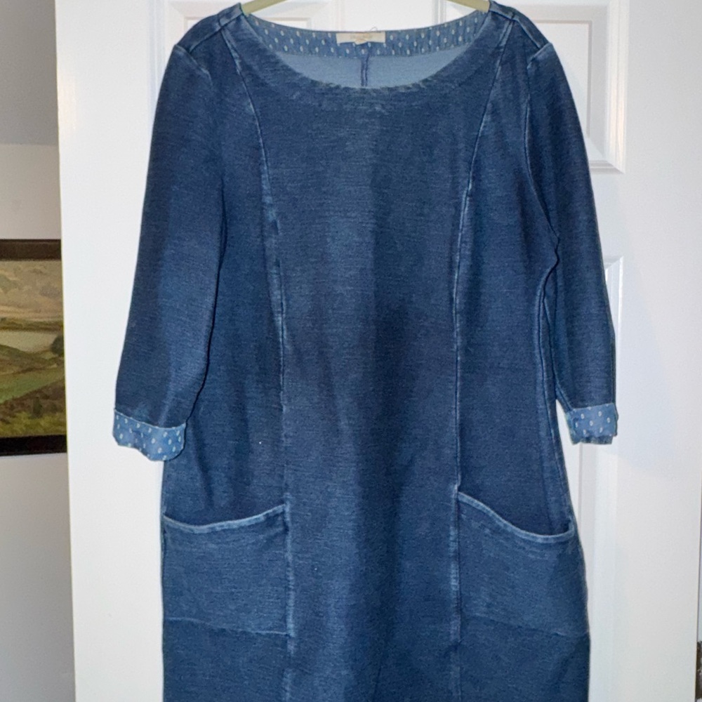 Blue Denim Dress with Polka Dot Accents